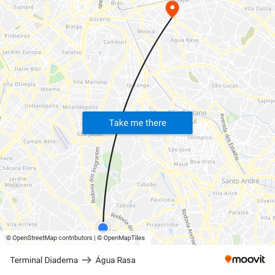 Terminal Diadema to Água Rasa map