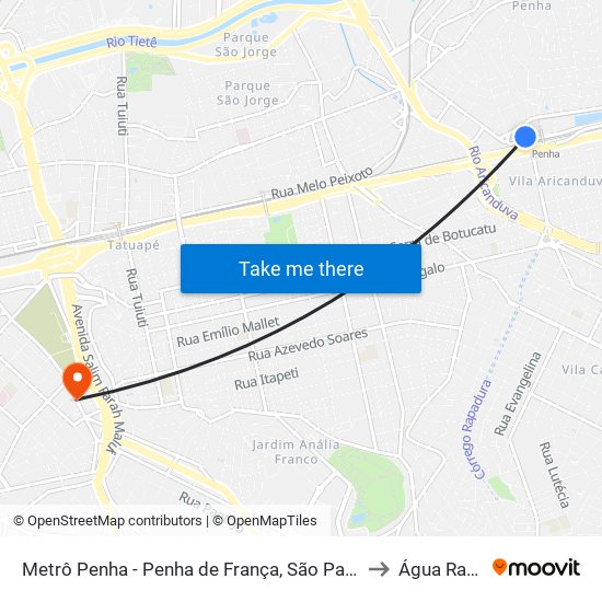 Terminal Metrô Penha Norte - Penha de França, São Paulo to Água Rasa map