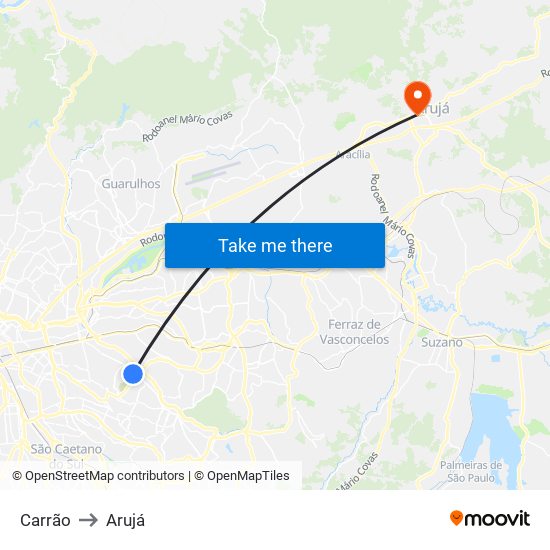 Carrão to Arujá map