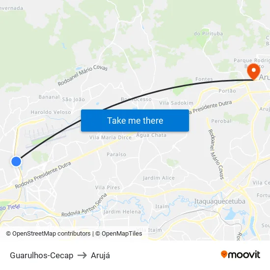 Guarulhos-Cecap to Arujá map