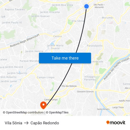 Vila Sônia to Capão Redondo map
