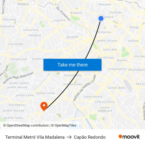 Terminal Metrô Vila Madalena to Capão Redondo map