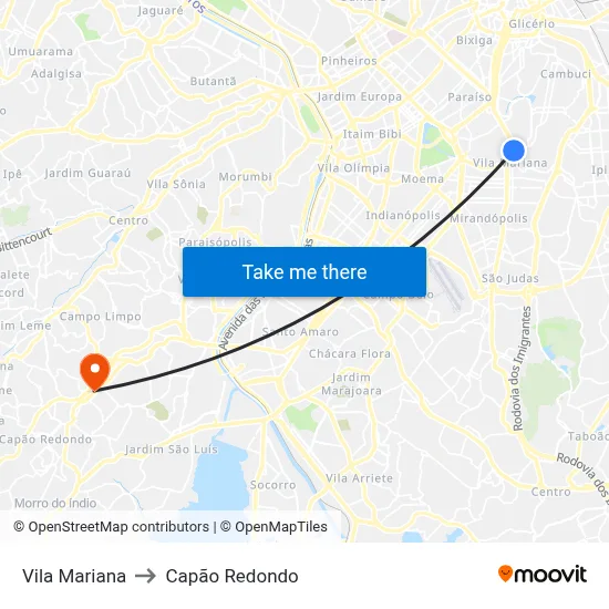 Vila Mariana to Capão Redondo map