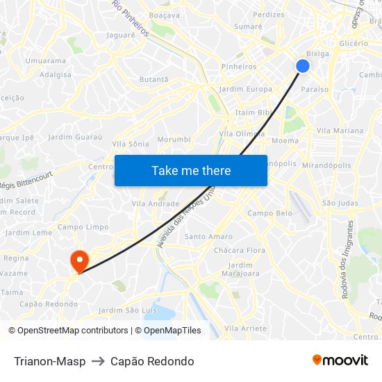 Trianon-Masp to Capão Redondo map