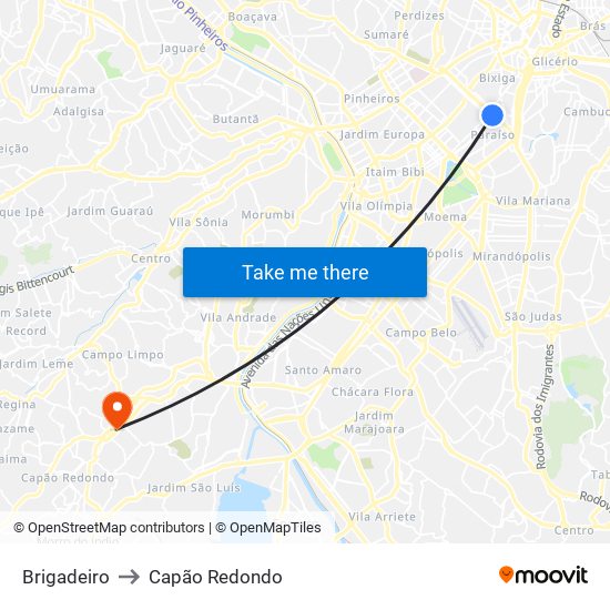 Brigadeiro to Capão Redondo map