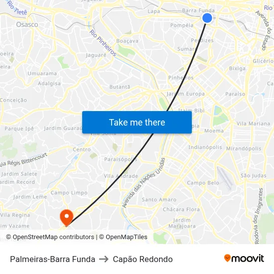 Palmeiras-Barra Funda to Capão Redondo map