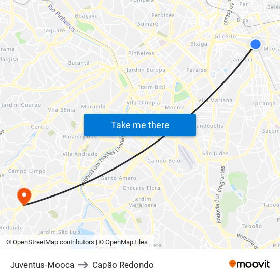 Juventus-Mooca to Capão Redondo map