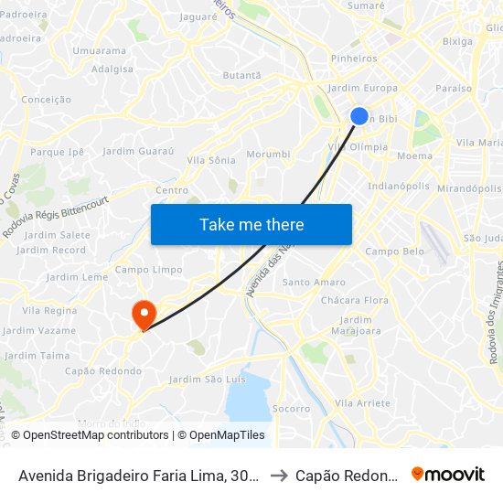Avenida Brigadeiro Faria Lima, 3064 to Capão Redondo map