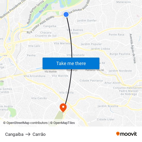 Cangaíba to Carrão map