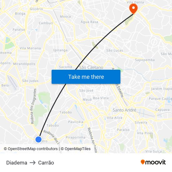 Diadema to Carrão map