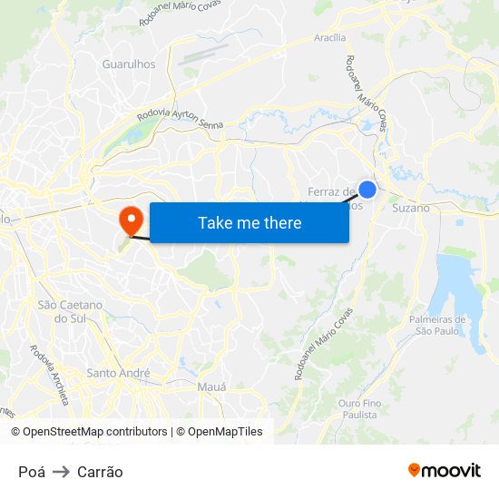 Poá to Carrão map