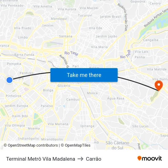 Terminal Metrô Vila Madalena to Carrão map