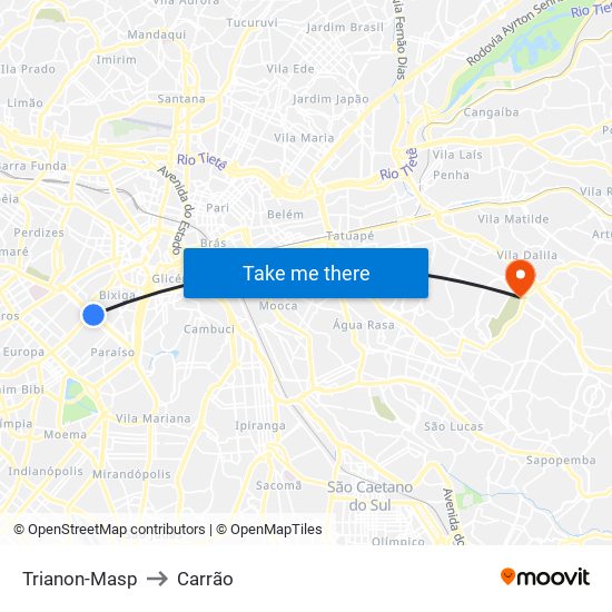 Trianon-Masp to Carrão map