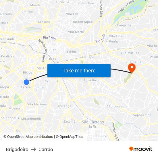 Brigadeiro to Carrão map
