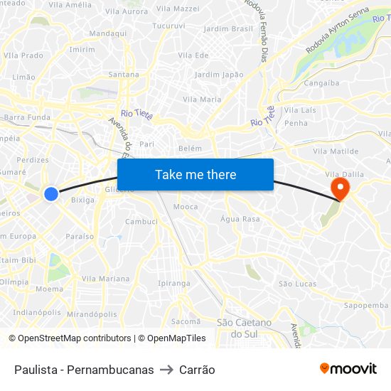 Paulista - Pernambucanas to Carrão map