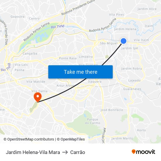 Jardim Helena-Vila Mara to Carrão map