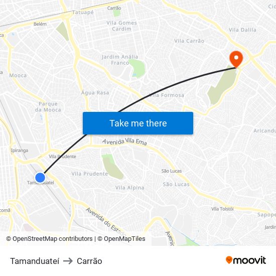 Tamanduateí to Carrão map