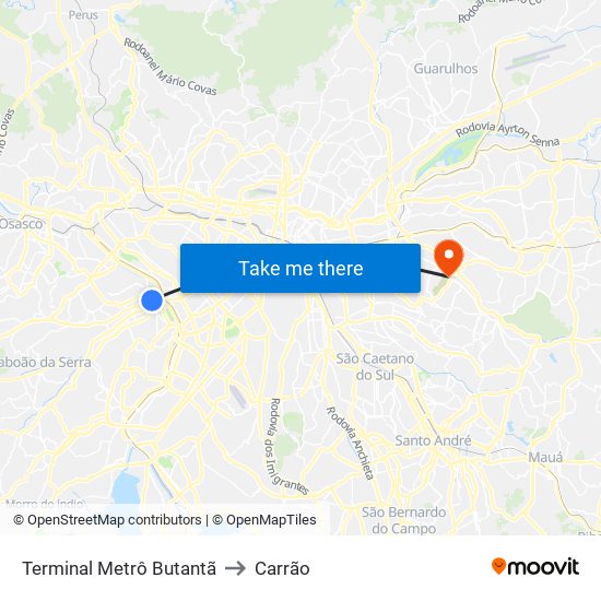 Terminal Metrô Butantã to Carrão map