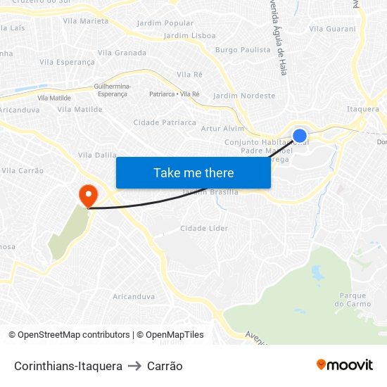 Corinthians-Itaquera to Carrão map