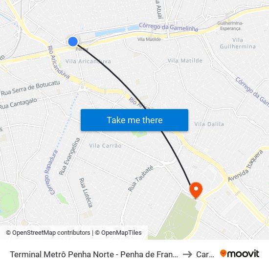 Terminal Metrô Penha Norte - Penha de França, São Paulo to Carrão map