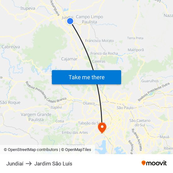Jundiaí to Jardim São Luís map