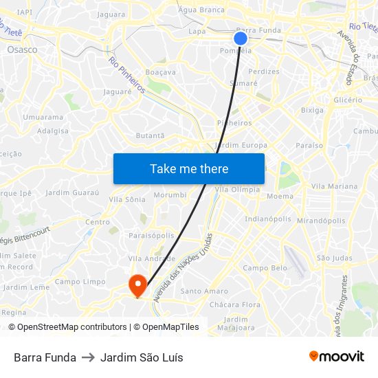 Barra Funda to Jardim São Luís map