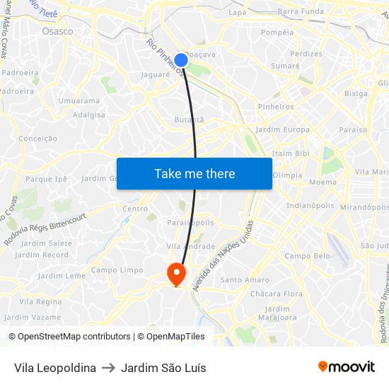 Vila Leopoldina to Jardim São Luís map