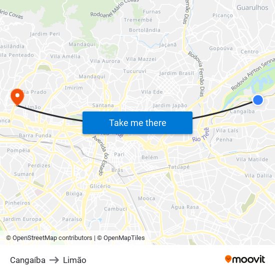 Cangaíba to Limão map