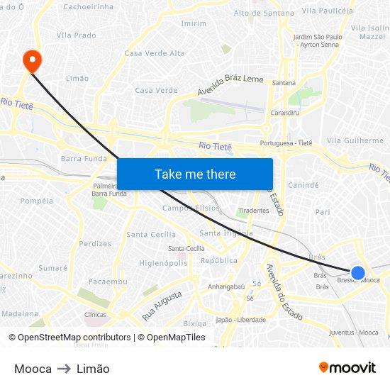 Mooca to Limão map