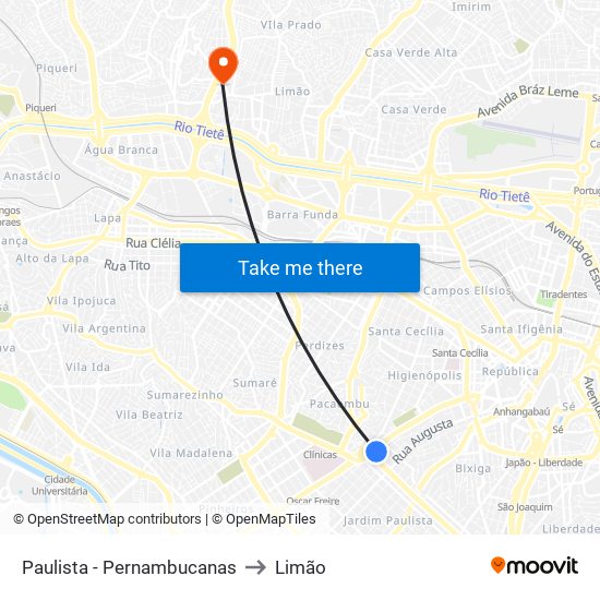 Paulista - Pernambucanas to Limão map