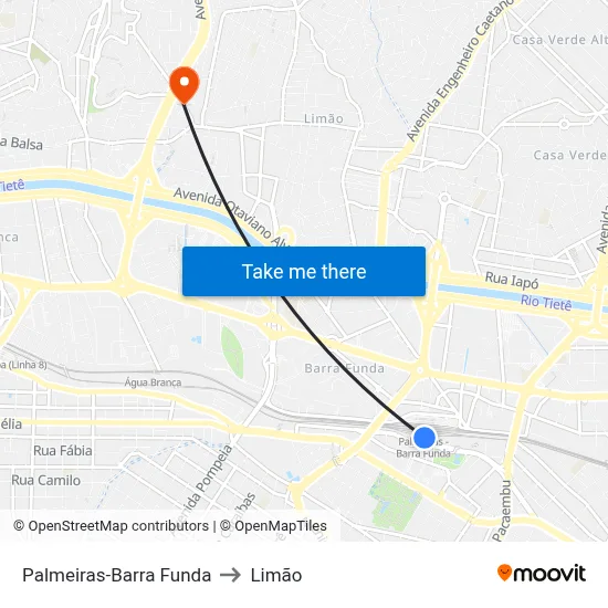 Palmeiras-Barra Funda to Limão map