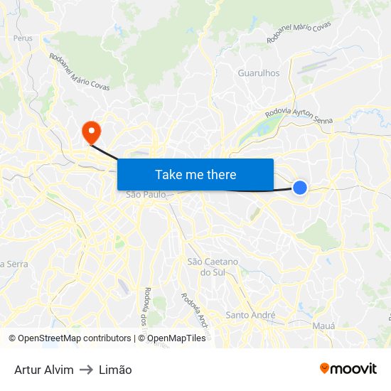 Artur Alvim to Limão map