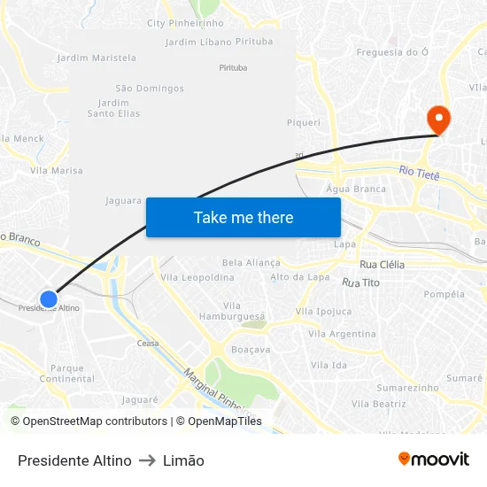 Presidente Altino to Limão map