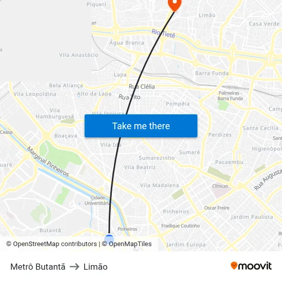 Metrô Butantã to Limão map