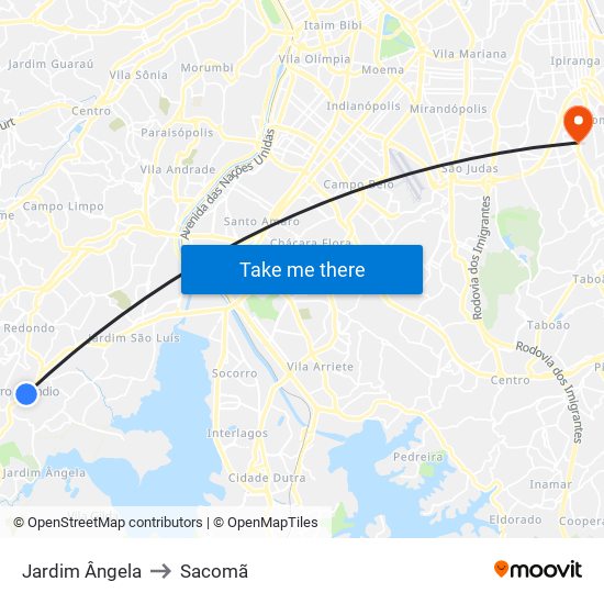 Jardim Ângela to Sacomã map