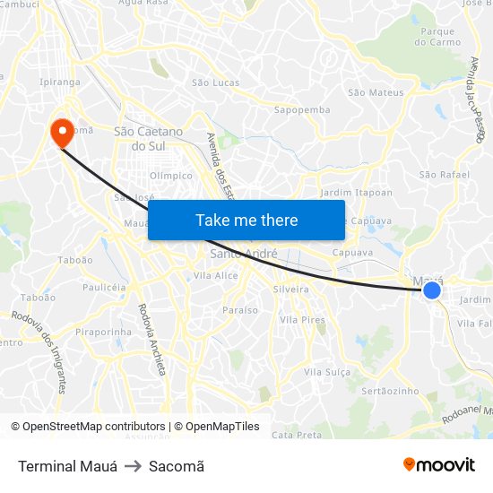 Terminal Mauá to Sacomã map