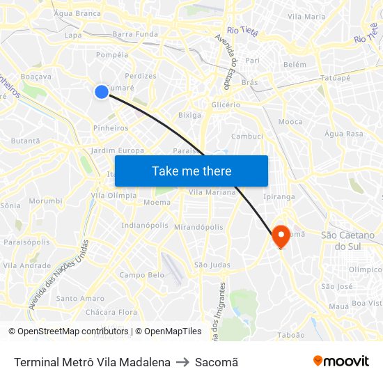 Terminal Metrô Vila Madalena to Sacomã map