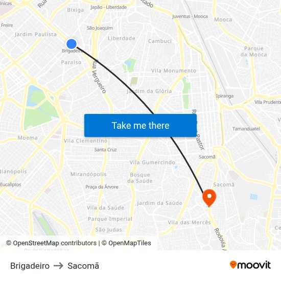 Brigadeiro to Sacomã map