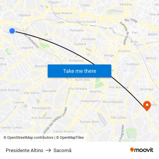 Presidente Altino to Sacomã map