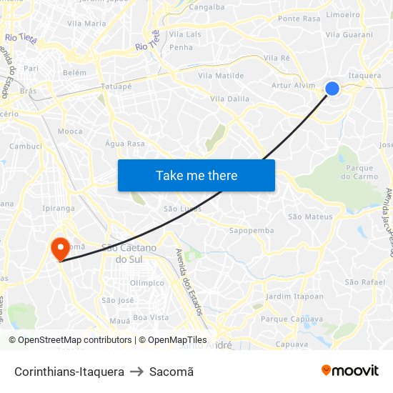 Corinthians-Itaquera to Sacomã map