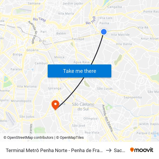 Terminal Metrô Penha Norte - Penha de França, São Paulo to Sacomã map