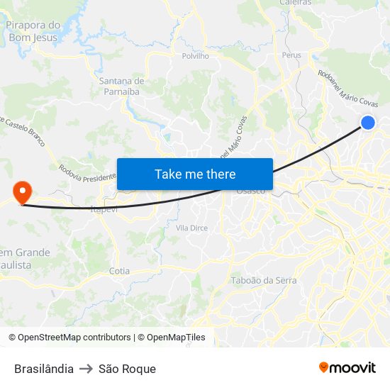 Brasilândia to São Roque map