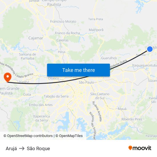Arujá to São Roque map