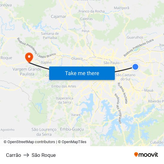 Carrão to São Roque map