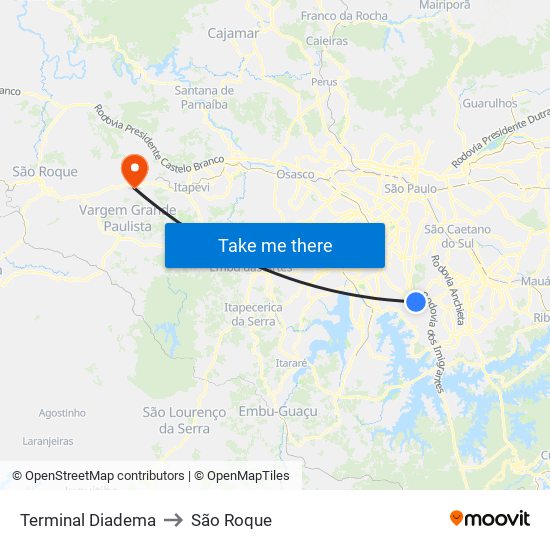 Terminal Diadema to São Roque map