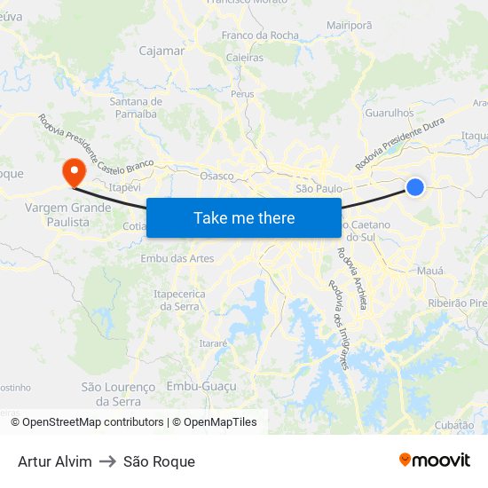 Artur Alvim to São Roque map