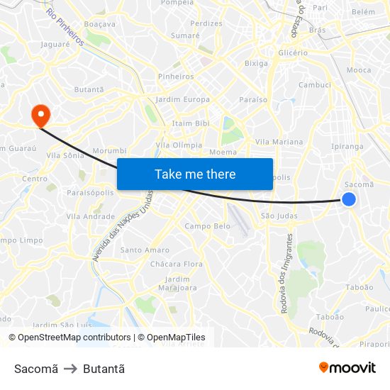 Sacomã to Butantã map