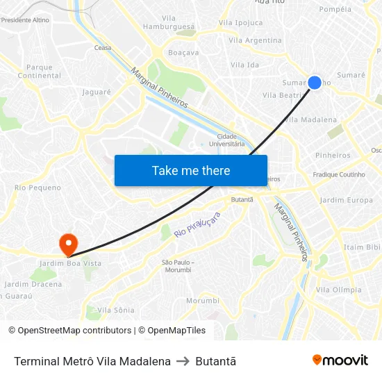 Terminal Metrô Vila Madalena to Butantã map
