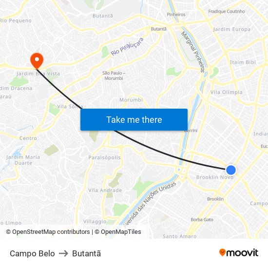 Campo Belo to Butantã map