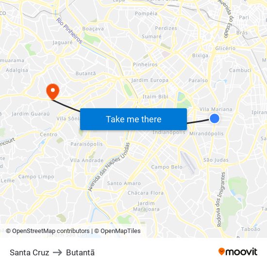 Santa Cruz to Butantã map
